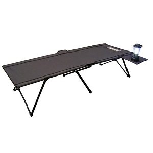 Foldable Coleman Packaway Twin Cot with Heavy Duty Steel Frame and side table.