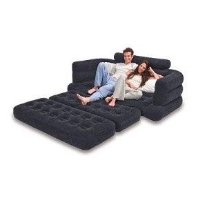 INTEX Flocked Inflatable Pull-Out Double Sofa and Queen Bed Air Mattress Sleeper Couch. This is a queen size inflatable sofa bed mattress with built-in cup holders.