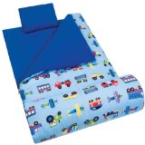 Favorite Olive Kids Train, Planes and Trucks Sleeping Bag for toddlers and young boys with matching pillow, prints of trains, planes and trucks on a blue background.