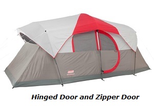 Coleman Weathermaster 10 Tent with Rainfly, LED Light System, 2 Rooms and 2 Hinged Doors; front and zippered back.