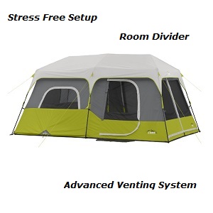 Top Rated CORE 9 person Instant Cabin Style Tent 14' x 9' with rainfly and electrical access port.