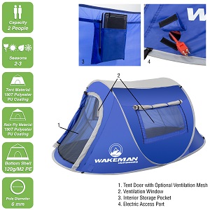Popup 2-Person Shelter Tent by Wakeman, with e-port and storage pocket.