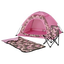 Kids Camo Dome Tent, Sleeping Bag and Folding Chair in Pink for Outdoor Camping