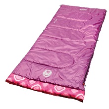 Coleman Youth Rectangular 45 Degree Sleepover Sleeping Bag for Kids, Purple / Pink Pattern.