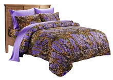 7 Piece Purple Camo Comforter and Sheet Set Queen Camouflage Woods Bed In a Bag Set.