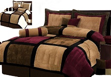 Burgundy or White plus Brown and Black Suede Patchwork Comforter Set, Bed in a Bag Set.