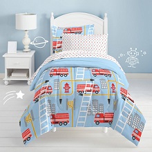 Fire and Truck Mini Bed in a Bag Set by Dream Factory - Comforter, Sham, Bedskirt and Sheet Set