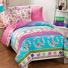 Stylish Peace and Love Reversible Bed in a Bag for Girls.