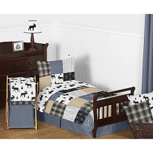 Sweet Jojo Designs Boy 5-piece Toddler Comforter set in Childrens Bedding. Blue, Tan, Grey, Black Woodland Plaid and Arro Rustic Patch Toddler Size Comforter Set for Boys.